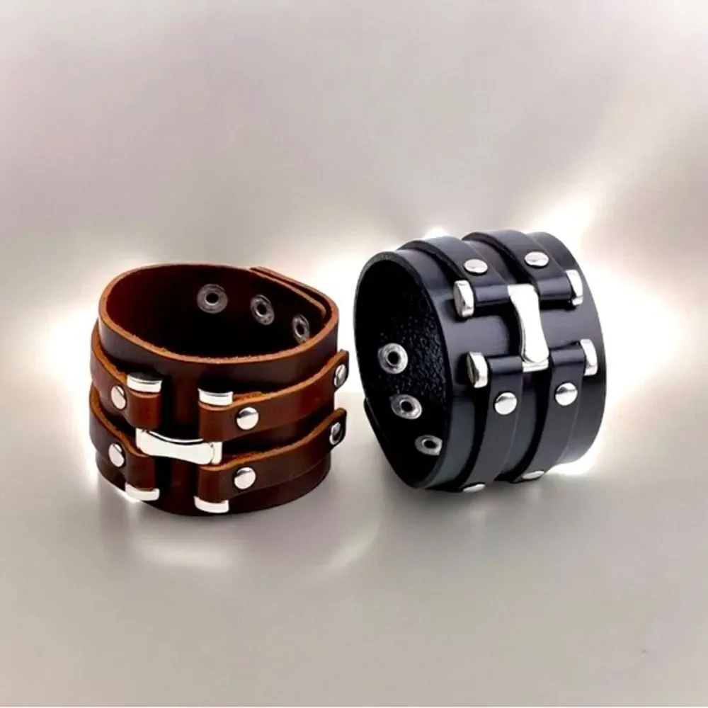 Men’s Accessories l Brown or Black Leather Bracelet, Wristband l Adjustable New